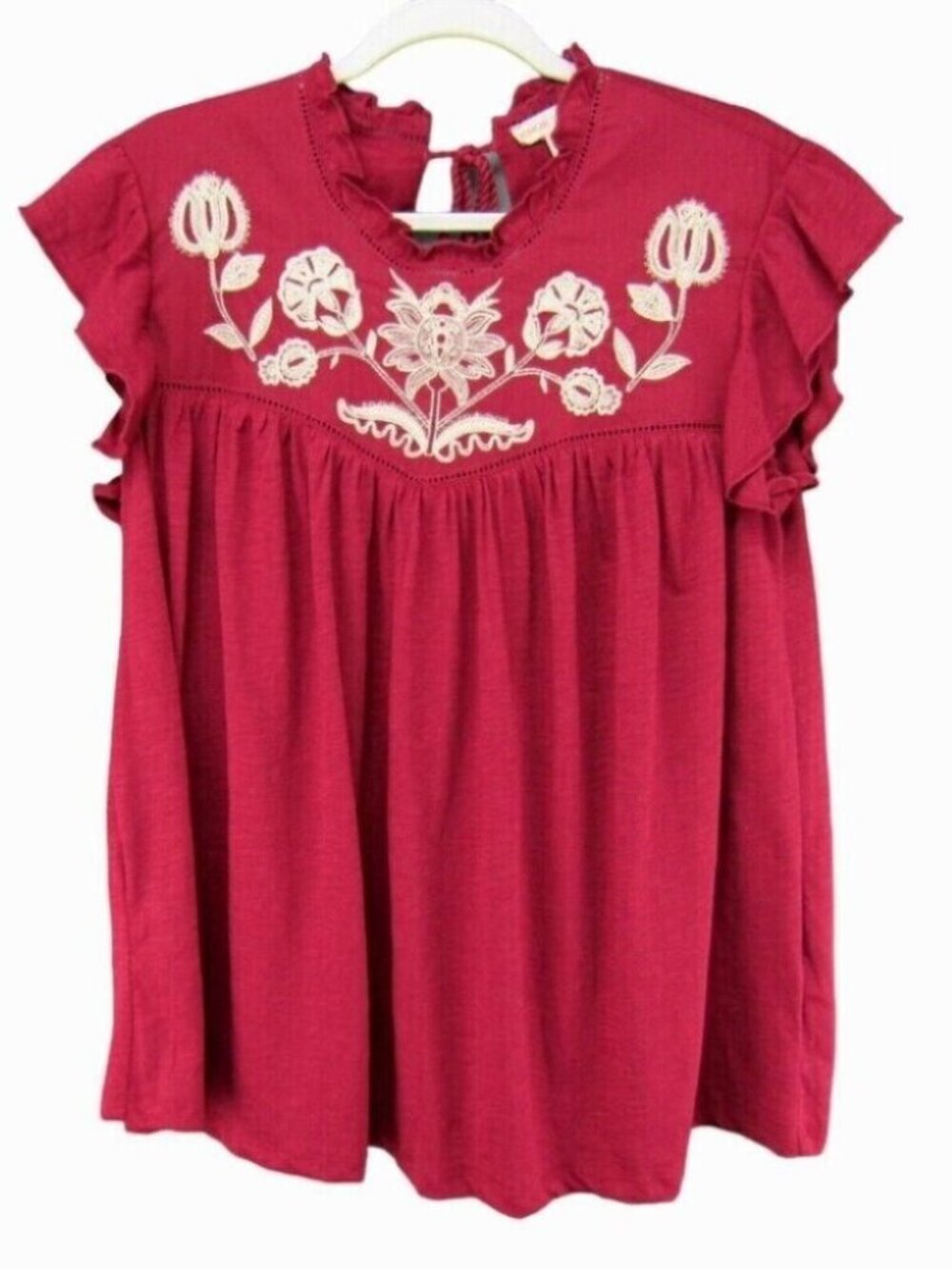 Knox Rose Burgundy Ivory Embroidery Peasant Top Size L Keyhole Tassel Tie Back